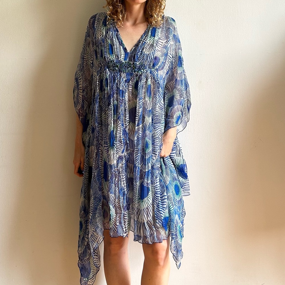 Antik Batik Blue Silk Printed Bohemian Relaxed Dress